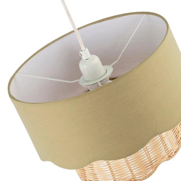 detail of Dark Olive Linen Fabric and Natural Rattan Scallop Pendant Lamp Shade
