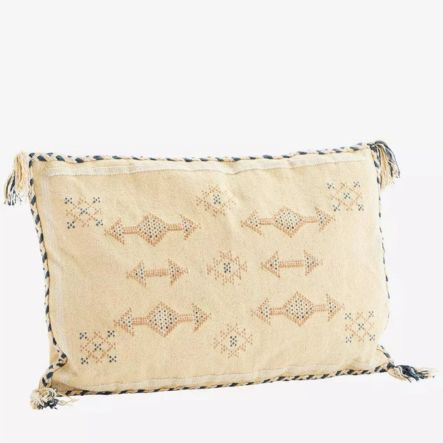 Boho handwoven cotton cushion in Vanilla, camel, blue, off white