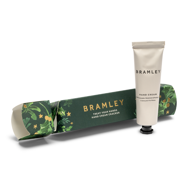 Bramley hand cream with green Christmas cracker packaging on a white background