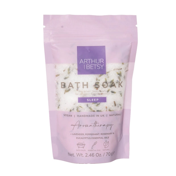 Purple package of Arthur & Betsy Bath Soak with white text and product details on a white background