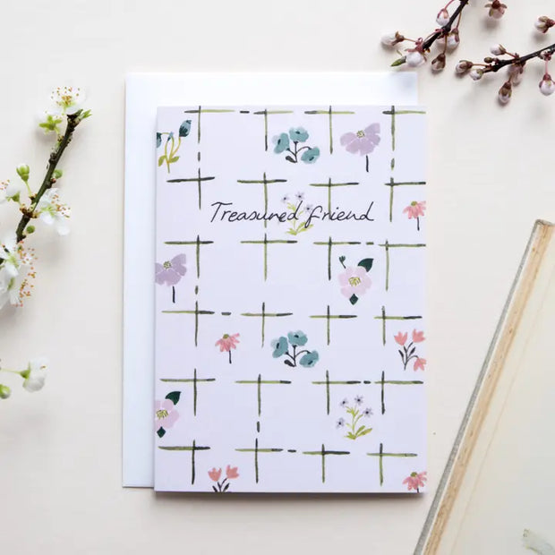 Pretty illustrated card for a "treasured friend". Hidden Pearl Studio 