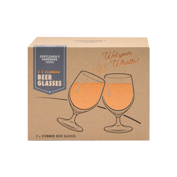 Box of Gentlemen's Hardware beer glasses with a stylized illustration on packaging with a white background