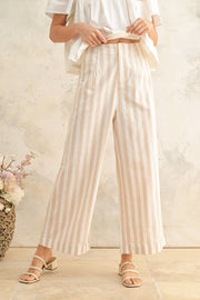 Linen Blend Stripe Pattern Wide Leg Trousers