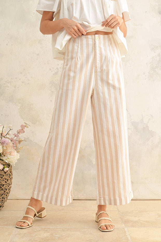 Linen Blend Stripe Pattern Wide Leg Trousers