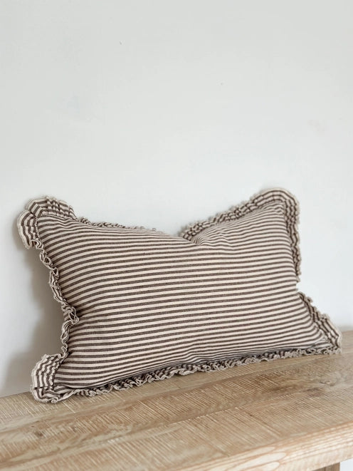 Dark Brown Striped Ruffle Cotton Cushion 50x30cm  – Darcy