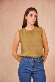 model wearing 'Meredith' Olive Sleeveless Knit Top