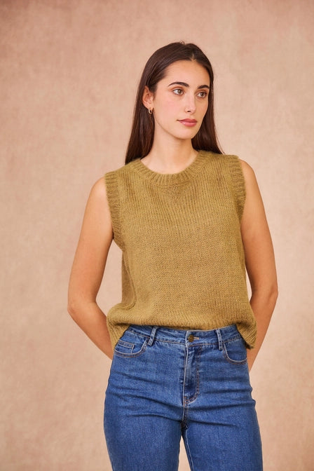 model wearing 'Meredith' Olive Sleeveless Knit Top