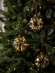 Glass Cinder Indented Baubles - Set of 3 Gold displayed on Christmas tree