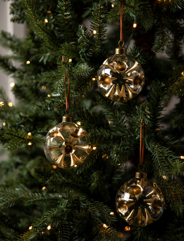 Glass Cinder Indented Baubles - Set of 3 Gold displayed on Christmas tree
