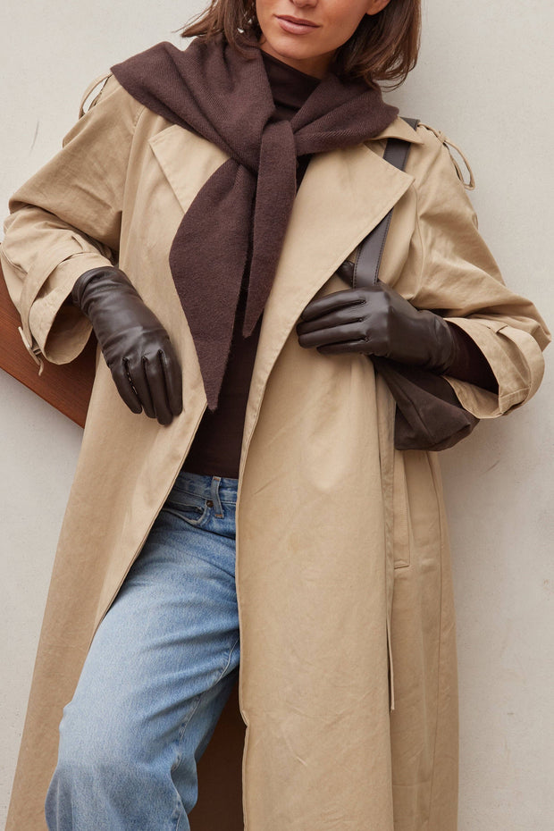 Model wearing Leather Look Gloves in Brown