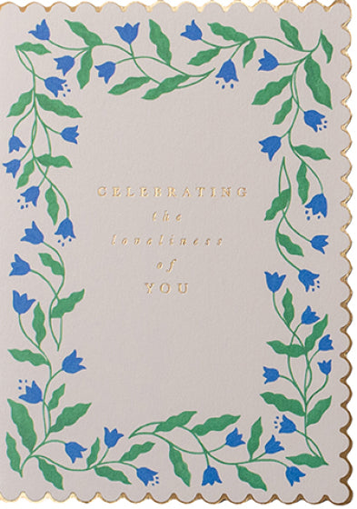 Bluebell flower card, reading "celebrating the loveliness of you". Blank inside