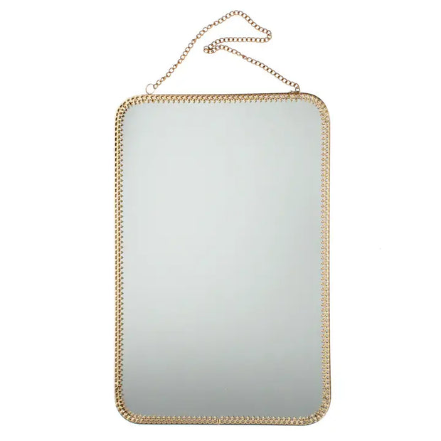 Rectangular mirror with gold chain frame on a white background