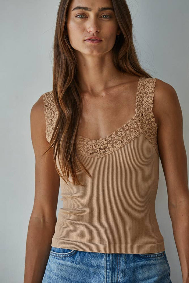 cropped Knit Seamless Ribbed Tank Top with Lace Trim