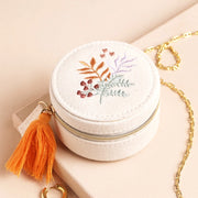 Embroidered Leaves Mini Round Linen Travel Jewellery Case, Lisa Angel 