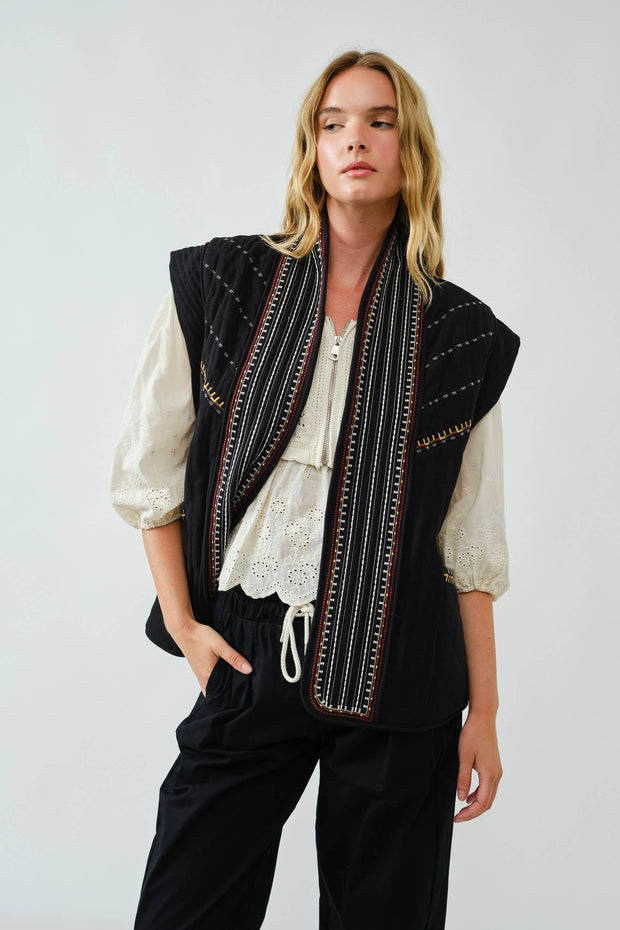 black Embroidery Quilted  Vest