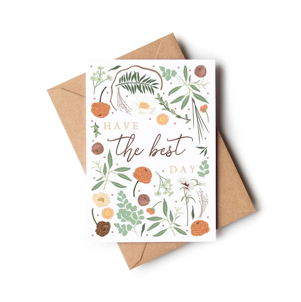 Wildwood Paper greeting card with  botanical pattern and a fresh colour palette of orange and green, with a crisp white background to perfectly encapsulate springtime and summer.