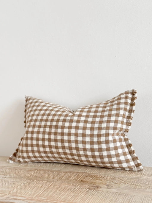 Fringed Linen Cushion 50x30 Brown Gingham - Esmee