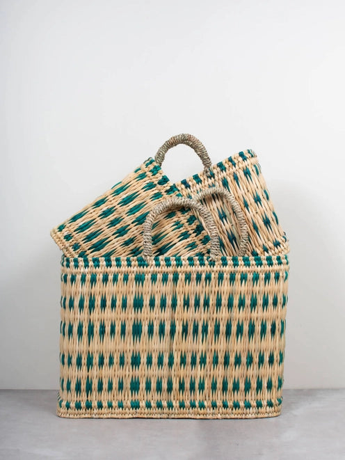 Handwoven rectangular baskets with a green weave.  Available in 3 sizes. Bohemia Design