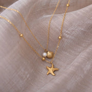 N085 Twin Chain Necklace with Starfish, Shell & Pearl Charms