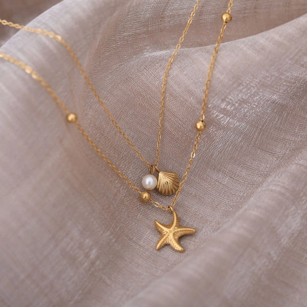 N085 Twin Chain Necklace with Starfish, Shell & Pearl Charms