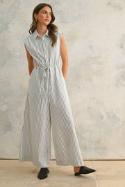 Striped Pattern Jumpsuit With Button Down