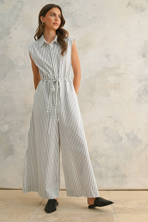 Striped Pattern Jumpsuit With Button Down