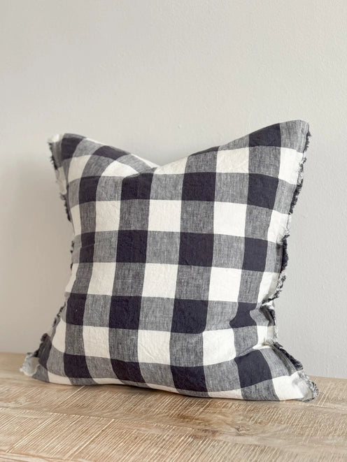 Navy & Cream Check Fringed Linen Cushion, 45x45cm-   Esmee