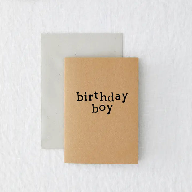 Birthday Boy greetings card, printed on 100% recycled kraft card 