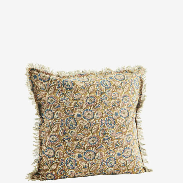 Printed cushion in honey, blue, off white, rose, green