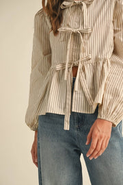 Striped Woven Blouse with Tie Front