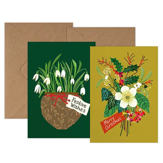 Two Christmas-themed greeting cards with festive designs on a white background.