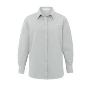 Light grey cotton blouse in a regular fit and styled with a collar, long sleeves, buttons and seam details. 
