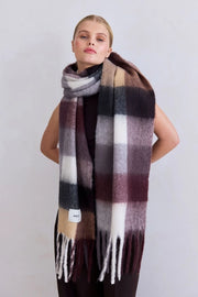 model wearing The Reykjavik Scarf - 100% Recycled - Purple/Brown