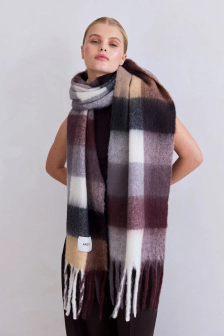 model wearing The Reykjavik Scarf - 100% Recycled - Purple/Brown