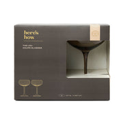 Box of 'The Lou Coupe Glasses' by 'here's how' with a glass visible through the window.