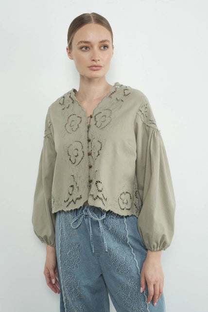 Denim Embroidery Volume Sleeve Blouse Top, Aaron and Amber Clothing