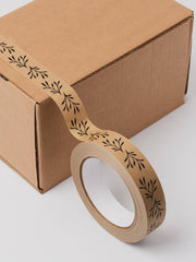 Brown tape with floral pattern on a cardboard box