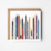 Square greeting card featuring an illustration of pencils. Blank inside.