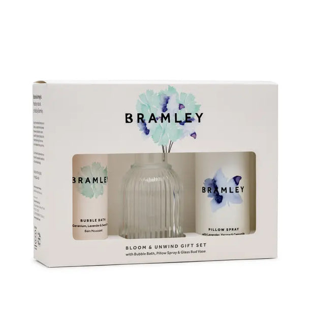 Bramley Bloom & Unwind Gift Set with Pillow Spray, Bubble Bath & Bud Vase