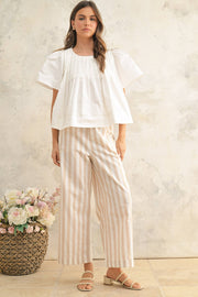 Linen Blend Stripe Pattern Wide Leg Trousers