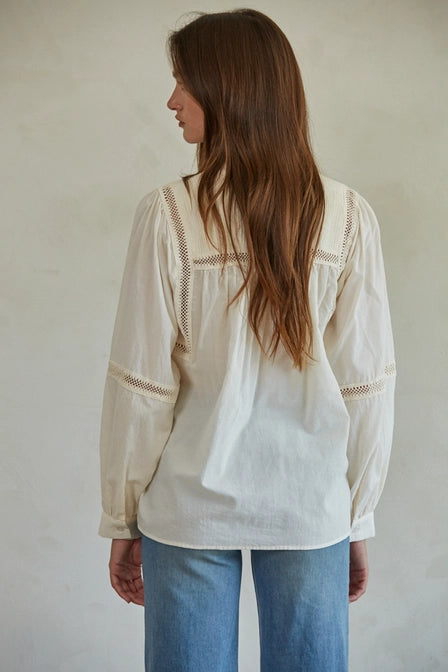 back detail of Woven Cotton Long Sleeve Button Up Round Neck Top