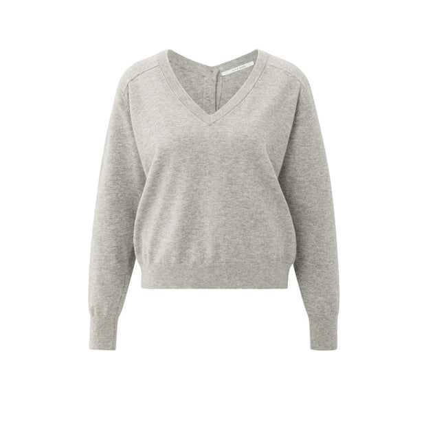 Double V-neck sweater with back button detail - brownish grey