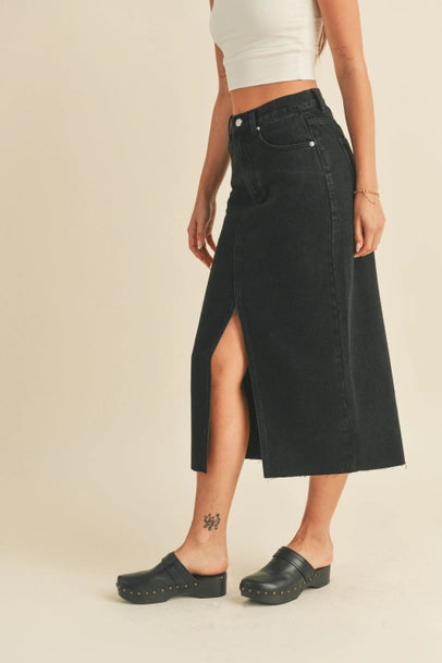 Washed Denim Black Midi Skirt