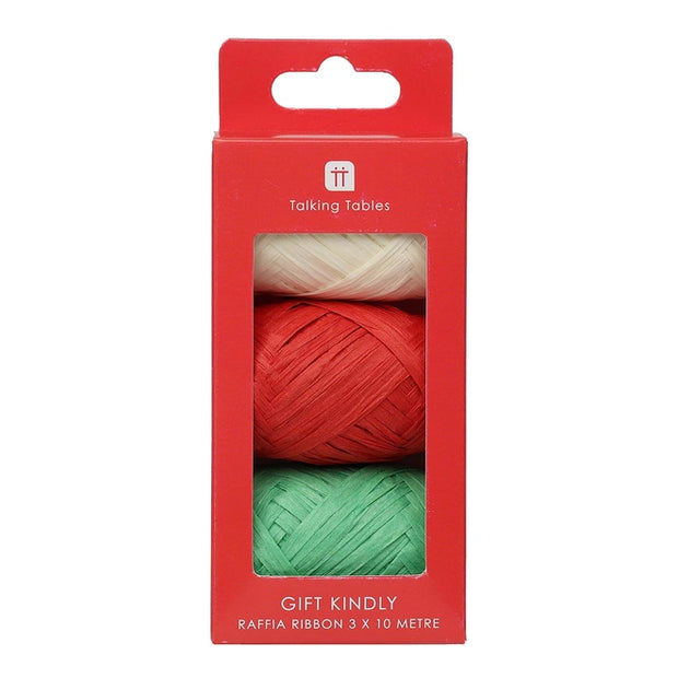 Red, green and white raffia ribbon rolls. 3 x 10 metres. Talking Tables