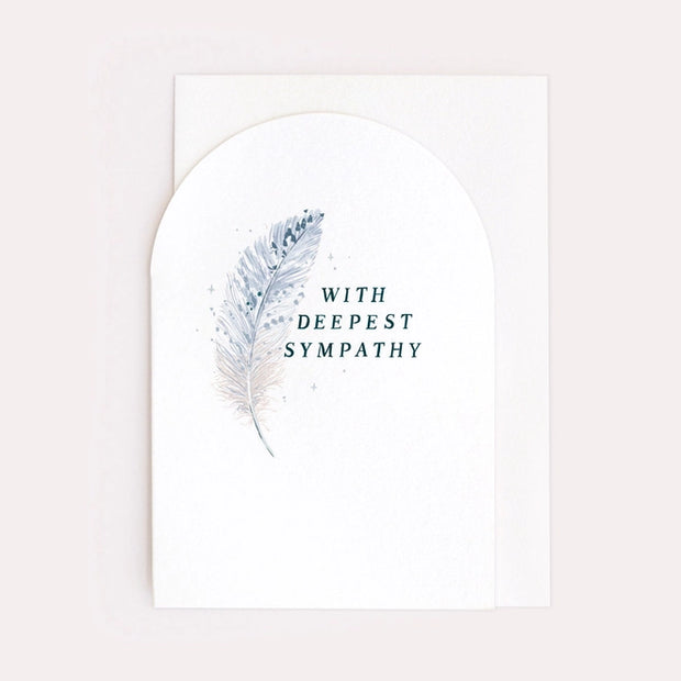 Arch shape sympathy card, reading with deepest sympathy and feather image. With luxury white envelope.  Blank inside. 
