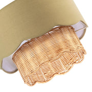 close up detail of Dark Olive Linen Fabric and Natural Rattan Scallop Pendant Lamp Shade