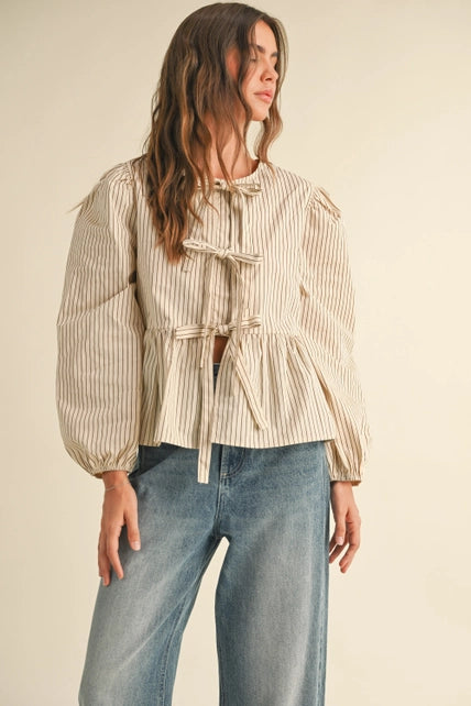 Striped Woven Blouse with Tie Front, Miou Muse