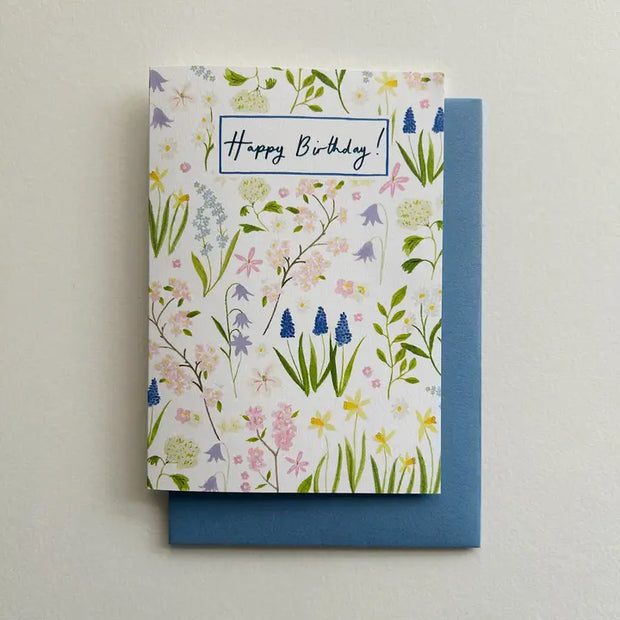 Illustrated Spring flowers greeting card, "Happy Birthday!", Peggy and Kate  