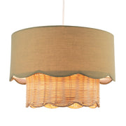 Dark Olive Linen Fabric and Natural Rattan Scallop Pendant Lamp Shade lit