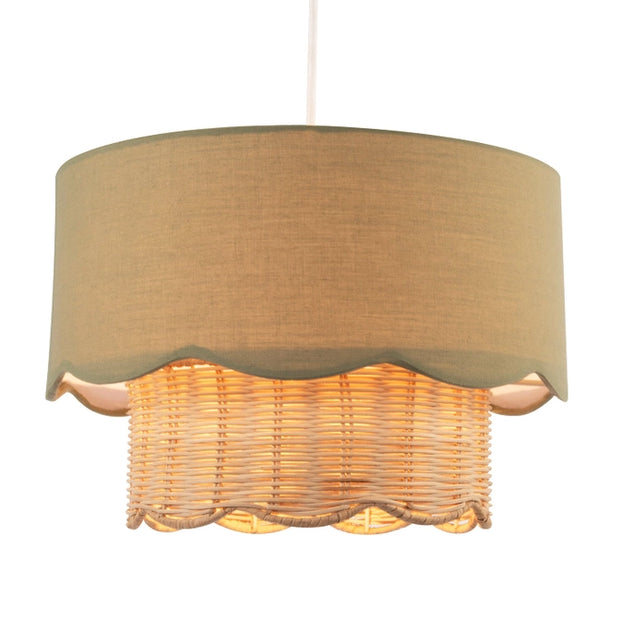 Dark Olive Linen Fabric and Natural Rattan Scallop Pendant Lamp Shade lit